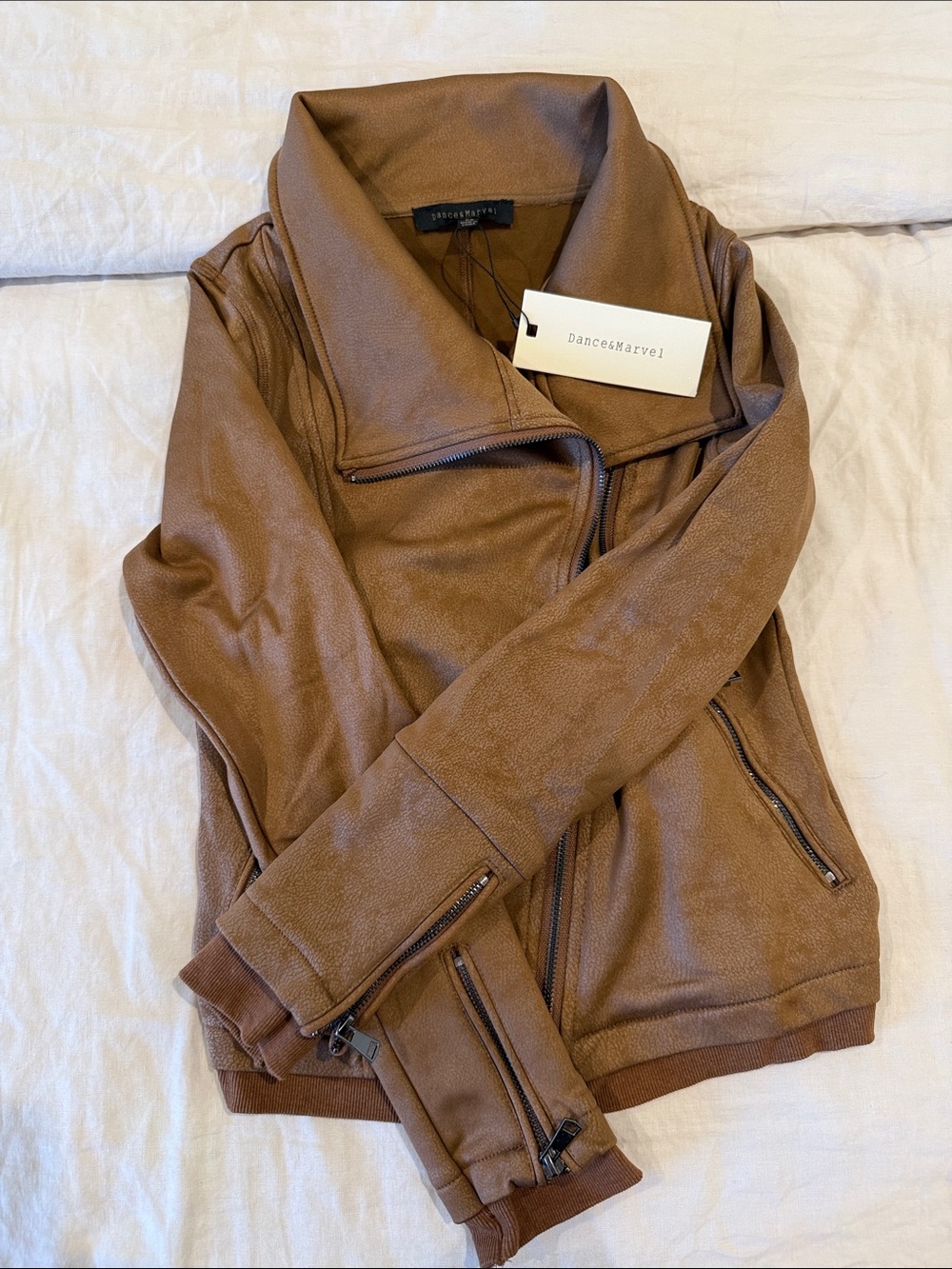 Dance & Marvel Cognac Faux Leather Moto Jacket